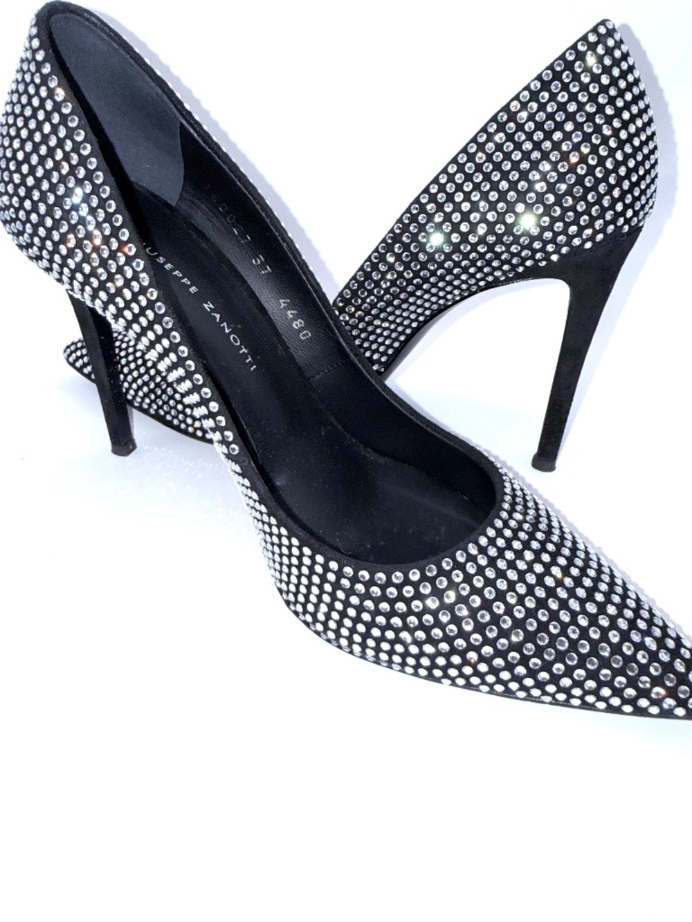 Giuseppe Zanotti 37 Swarovski Crystal on Black Satin 4 inch stiletto heel
